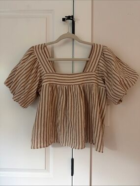 Everly Beige and Brown Striped Square Neck Peasant Blouse
